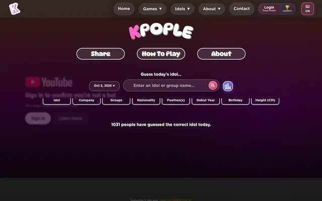 KPOPLE Girl Groups for Oct 3, 2026: a search box to guess today's idol above columns for idol, company, groups, nationality, positions, debut year, birthday and height, and a note that 1031 people had