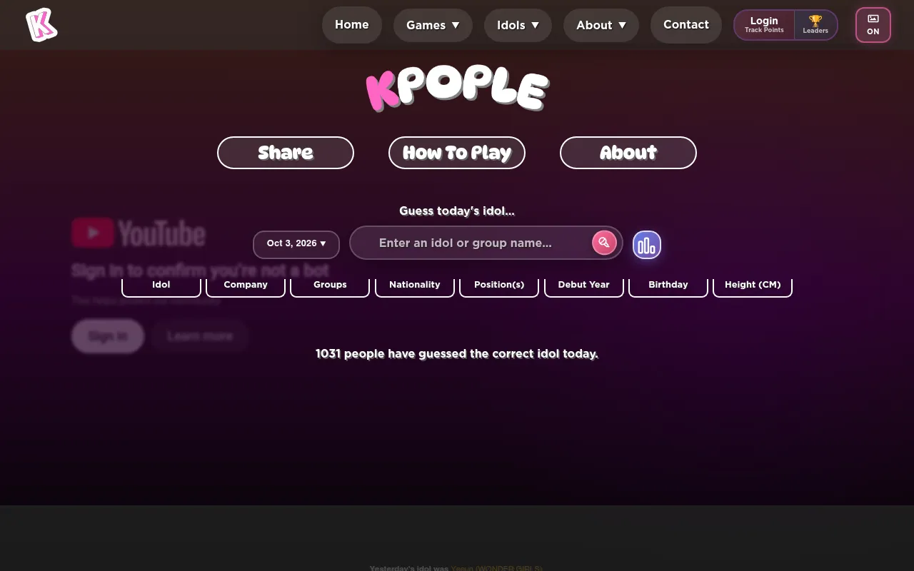 KPOPLE Girl Groups for Oct 3, 2026: a search box to guess today's idol above columns for idol, company, groups, nationality, positions, debut year, birthday and height, and a note that 1031 people had
