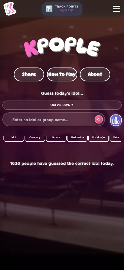 KPOPLE Girl Groups at phone size: the search box for today's idol, the date menu set to Oct 28, 2026, and the trait columns that scroll sideways