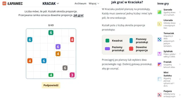 Kraciak board for 3 October 2026: a 7x7 grid with coloured numbers 3, 4 and 6 and the rules panel beside it