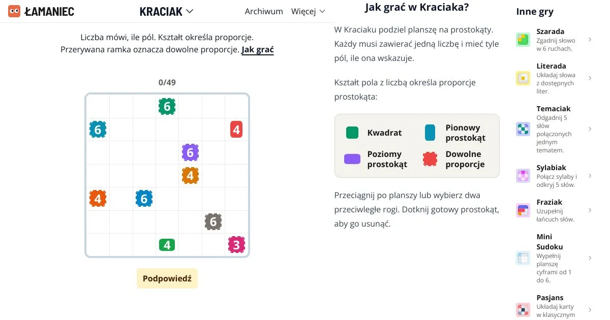 Kraciak board for 3 October 2026: a 7x7 grid with coloured numbers 3, 4 and 6 and the rules panel beside it