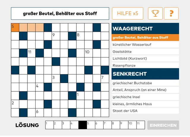 Kreuzworträtsel (WELT) board: an empty crossword grid with the first across clue, großer Beutel, Behälter aus Stoff, highlighted in orange, the Waagerecht and Senkrecht clue lists on the right and the