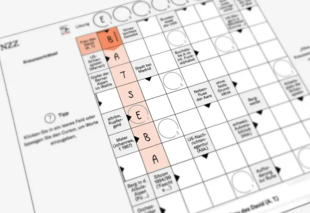 The NZZ Kreuzworträtsel: a Swedish-style grid with clues in grey squares, such as Gipfel der Berner Alpen im Wallis, the answer BATSEBA filled in down, and circled squares for the solution word