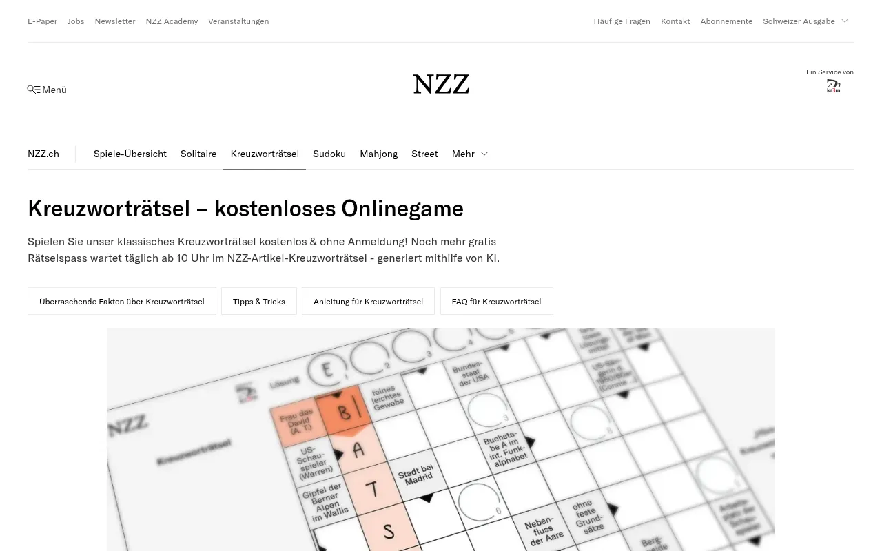 The NZZ games page for the Kreuzworträtsel: title, a note on the daily AI article crossword at 10 a.m., and the crossword grid below