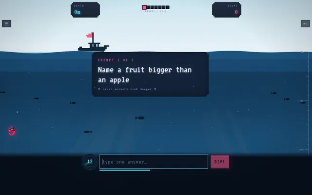 Krillion's daily dive on 18 October 2026: prompt 1 of 7, Name a fruit bigger than an apple, over a pixel-art sea with the answer box and a 25-second clock