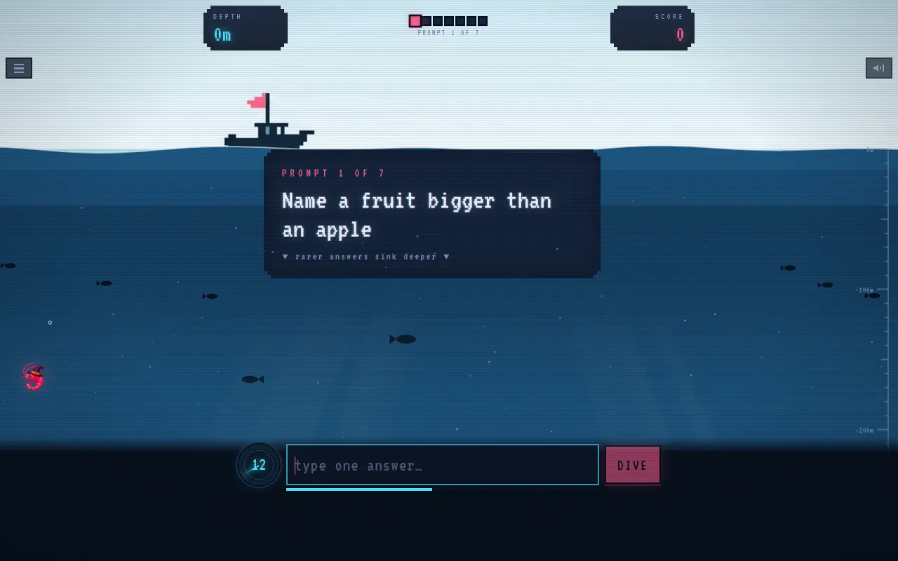 Krillion's daily dive on 18 October 2026: prompt 1 of 7, Name a fruit bigger than an apple, over a pixel-art sea with the answer box and a 25-second clock