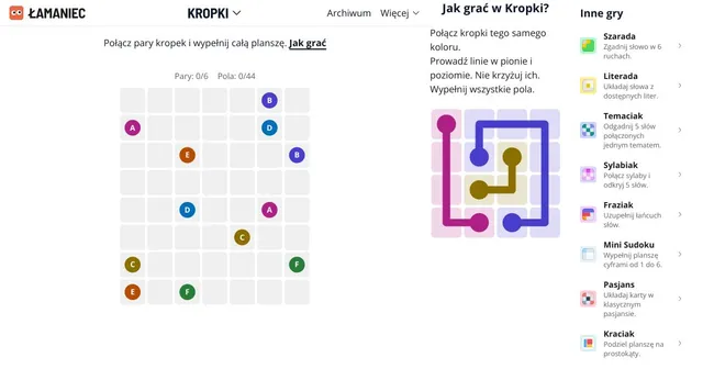 Kropki board: a grid with six pairs of lettered coloured dots and a small worked example beside it