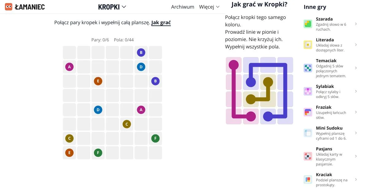 Kropki board: a grid with six pairs of lettered coloured dots and a small worked example beside it