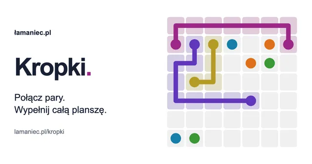 Kropki (Łamaniec) title card: the name Kropki with the lines Połącz pary and Wypełnij całą planszę, beside a 7x7 grid where magenta, purple and gold lines join pairs of matching coloured dots