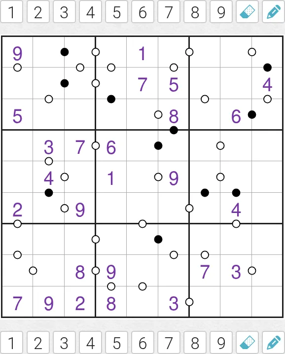 Today's Medium Kropki Sudoku on PuzzleMadness for 3 October 2026: a 9x9 grid with purple given digits and black and white dots between cells, with number and pencil buttons