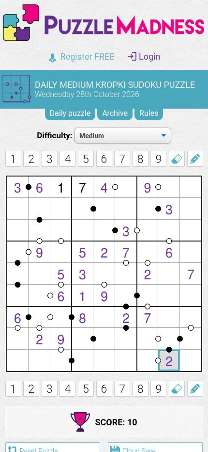 The Medium Kropki Sudoku on PuzzleMadness for 28 October 2026 on a phone, with a 1 and a 7 entered in the top row among purple givens and black and white dots, score 10