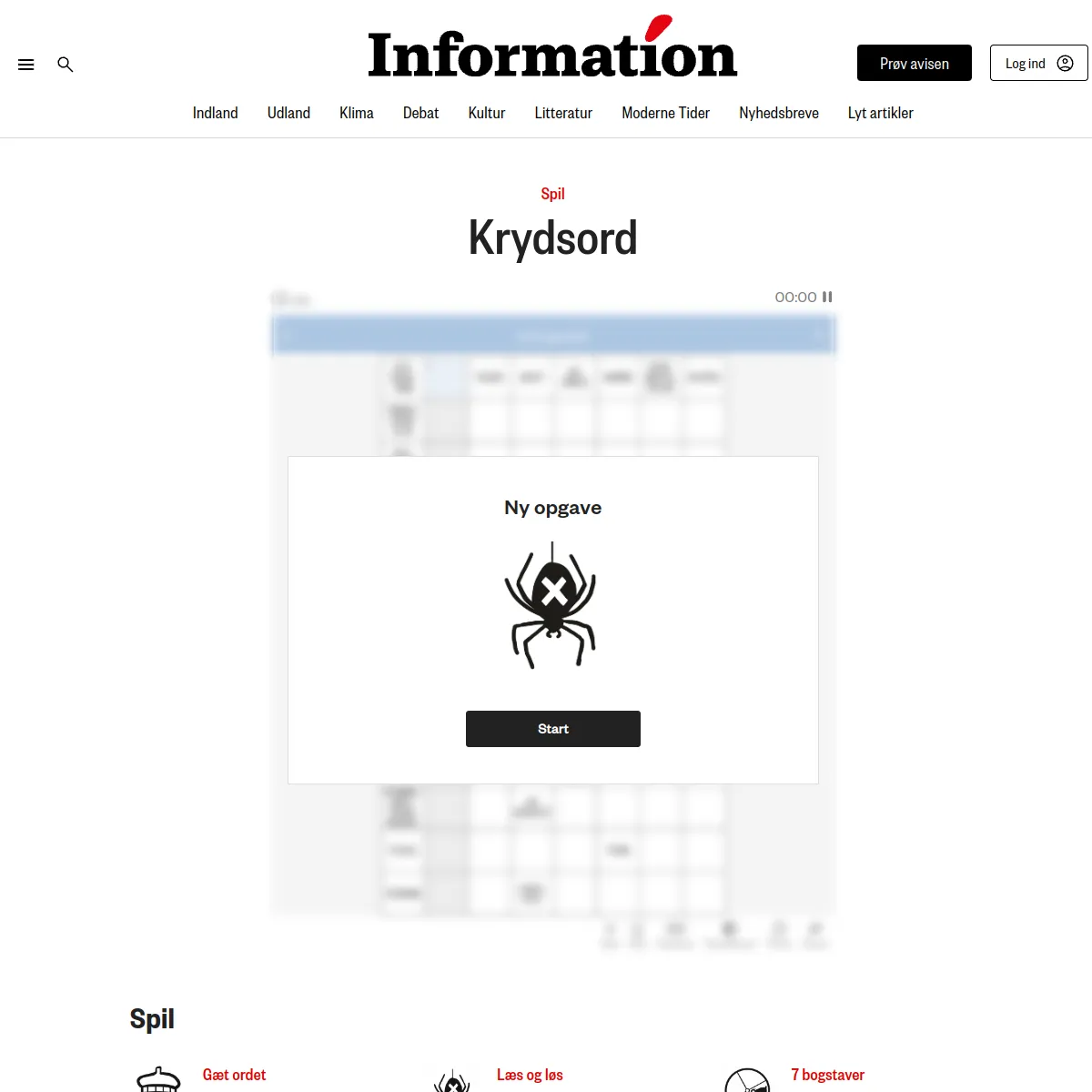 The Krydsord page in Information newspaper games section: a Danish arrow-word grid with clue squares behind a Ny opgave (New puzzle) dialog and a Start button, with a timer at 00:00.