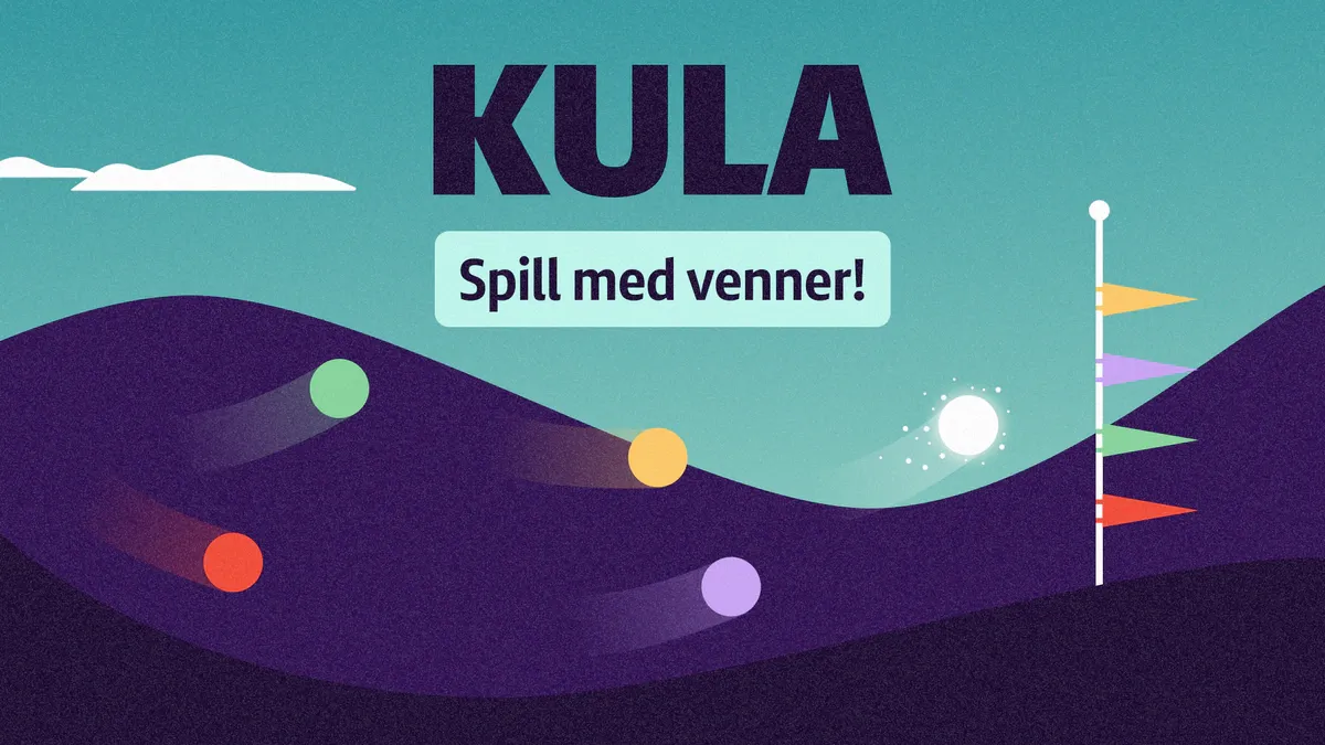 NRK's Kula title art: coloured balls racing over purple hills toward a finish pole with pennants, under the word KULA and the line Spill med venner