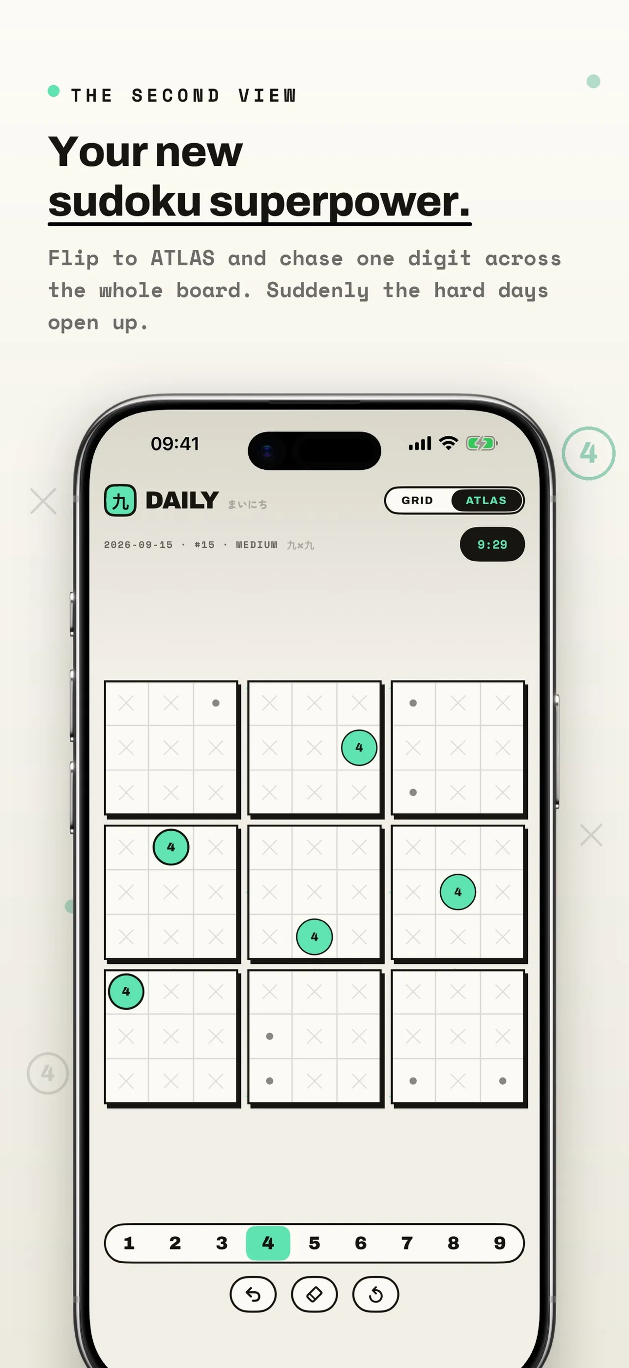KUMIKO ATLAS view of the same daily showing where the digit 4 is placed and ruled out in each of the nine boxes
