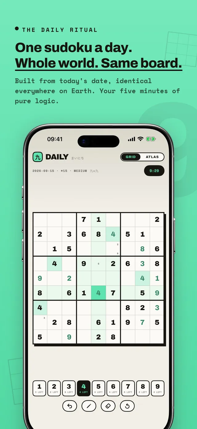 KUMIKO daily sudoku for 2026-09-15, #15 Medium, partly filled in GRID view, under the heading One sudoku a day. Whole world. Same board.