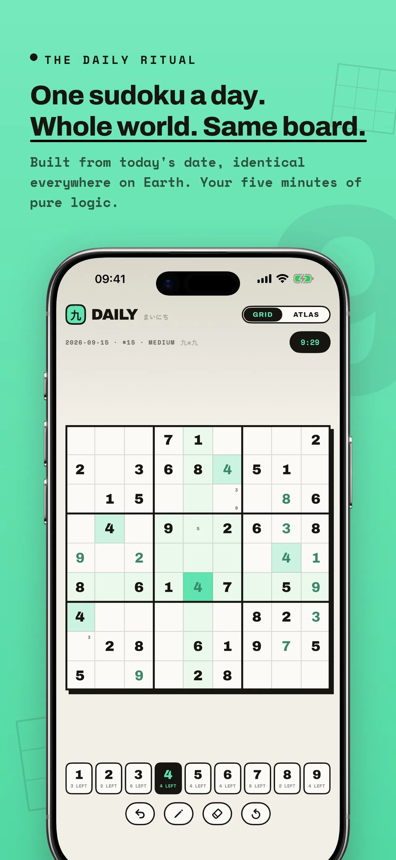KUMIKO daily sudoku for 2026-09-15, #15 Medium, partly filled in GRID view, under the heading One sudoku a day. Whole world. Same board.