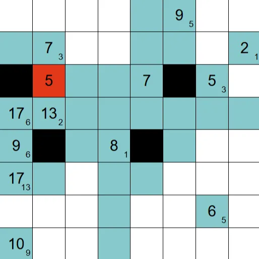 Kuromasu (nibble.games) board in progress: a grid of numbered clue cells with black squares, cells shaded light blue, small counts beside the clues and one clue highlighted in red