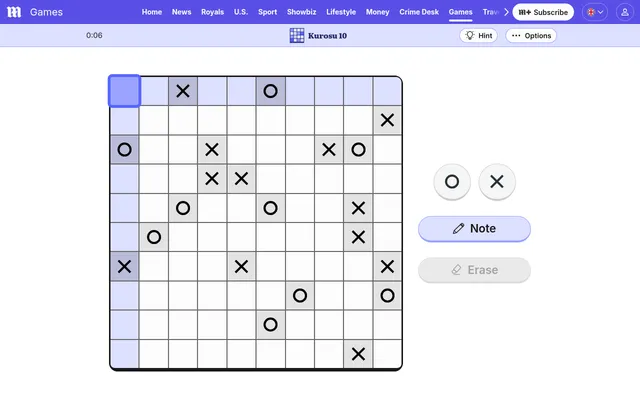 Daily Mail Kurosu 10 for 7 October 2026 in play: a 10 by 10 grid with some Xs and Os given, beside O and X buttons