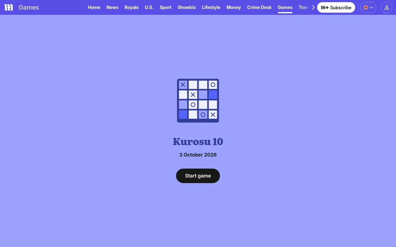 The Kurosu 10 start screen on the Daily Mail games page: the game's own icon and name, the date 3 October 2026 and a button to start the day's puzzle