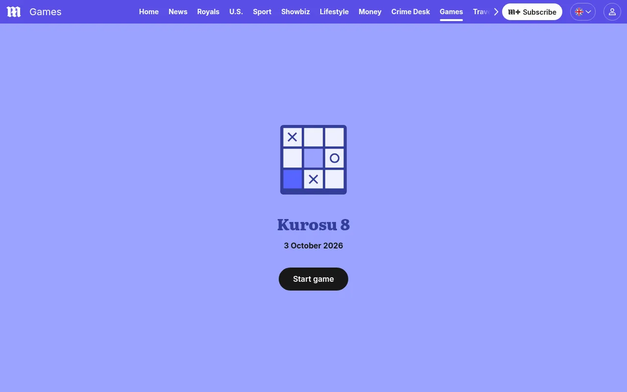The Kurosu 8 start screen on the Daily Mail games page: the game's own icon and name, the date 3 October 2026 and a button to start the day's puzzle
