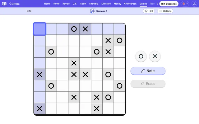 Daily Mail Kurosu 8 for 7 October 2026 in play: an 8 by 8 grid with some Xs and Os given, beside O and X buttons