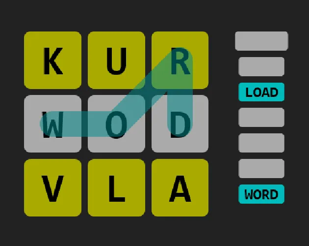 KURVLA cover: a 3x3 letter grid spelling KURVLA around a traced WORD path, beside slots showing LOAD and WORD