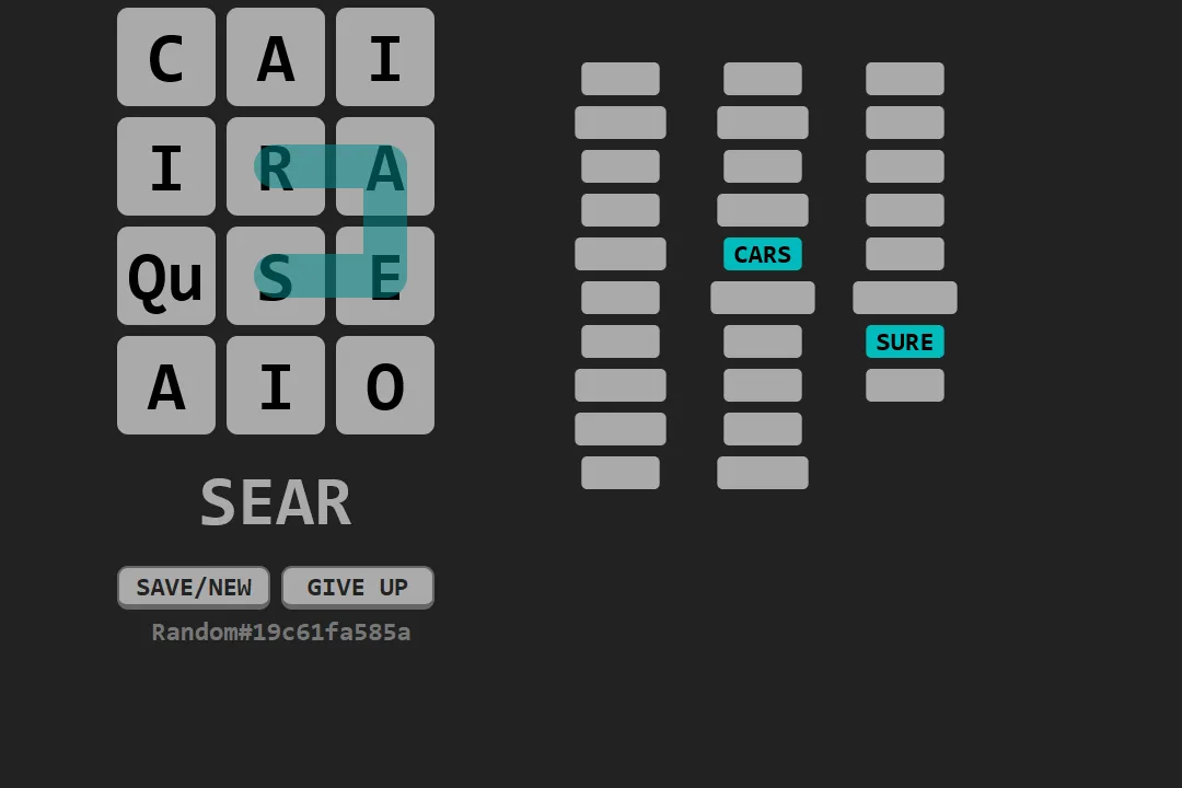 A KURVLA 3x4 board with a Qu tile, the word SEAR traced across it and CARS and SURE found among three columns of word slots