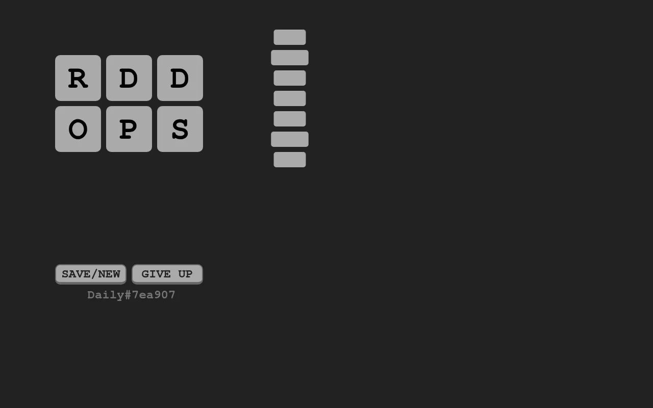 KURVLA's small daily board for 7 October 2026: a 2x3 grid of letters R D D O P S, seven blank word slots, and Save/New and Give Up buttons