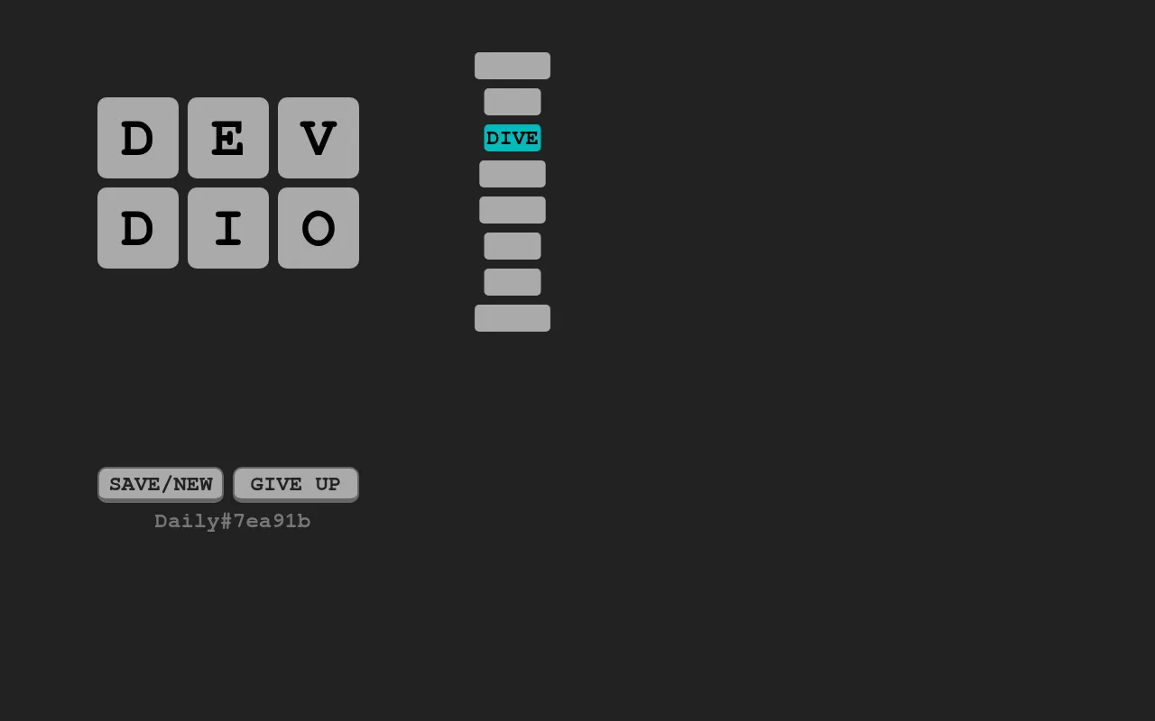 KURVLA's small daily board for 27 October 2026 (Daily#7ea91b): a 2x3 grid of D E V D I O, with DIVE found among eight word slots