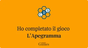 L'Apegramma (Corriere della Sera) share card: a honeycomb icon with the letters C, D and S above the text Ho completato il gioco L'Apegramma on an orange background