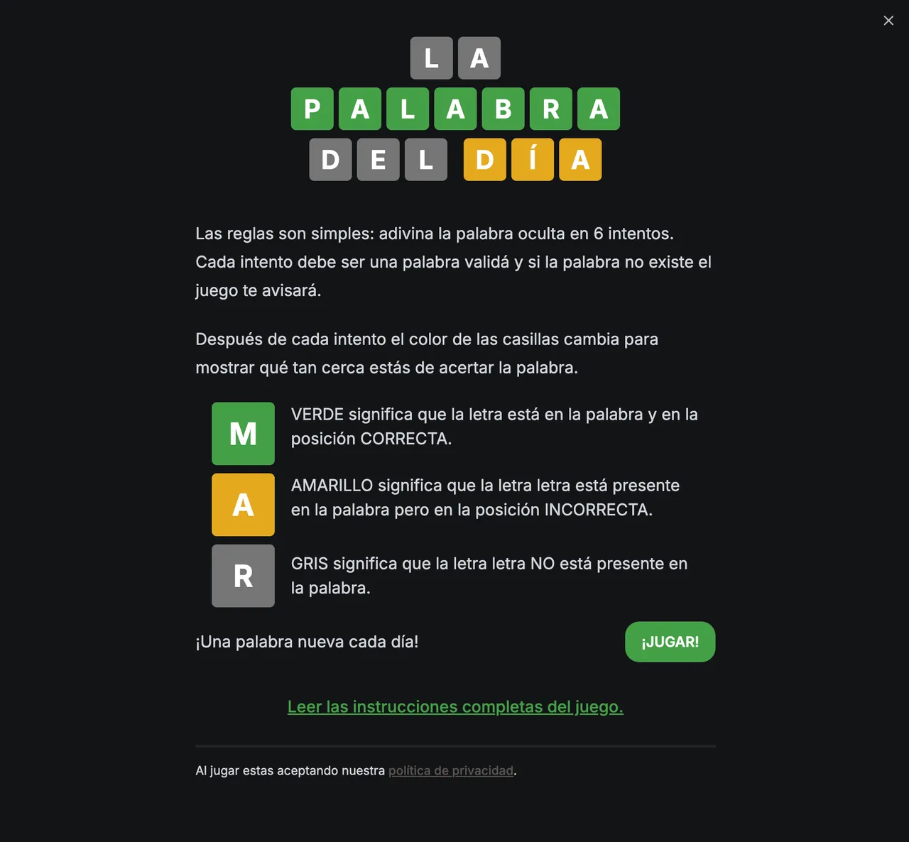 The La palabra del día instructions screen