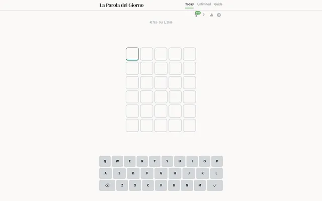 La Parola del Giorno puzzle #1762 for Oct 3, 2026: an empty six-row grid of five-letter tiles above an on-screen keyboard, with Today, Unlimited and Guide tabs