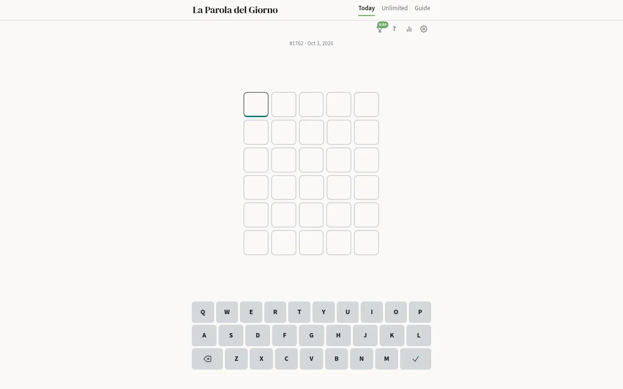 La Parola del Giorno puzzle #1762 for Oct 3, 2026: an empty six-row grid of five-letter tiles above an on-screen keyboard, with Today, Unlimited and Guide tabs