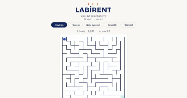 Labirent maze: a blue dot in the top-left corner of a line maze, with a move counter and the shortest route length of 83