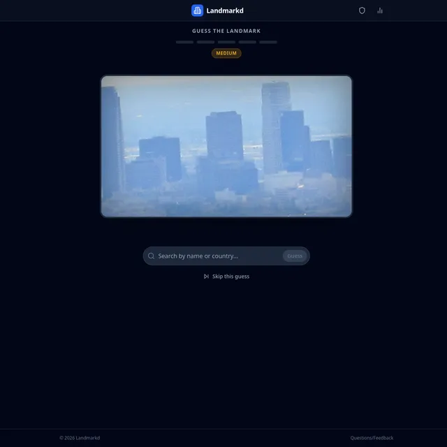 Landmarkd Guess the Landmark: a Medium difficulty badge and five guess markers above a blurred photo of a city skyline, with a Search by name or country box, a Guess button and a Skip this guess link.