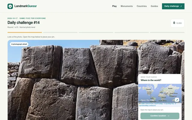 LandmarkGuessr daily challenge #14, round 1 of 5: a cropped photo of fitted Inca stonework beside the world map used to place a pin