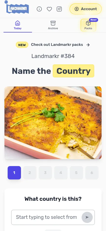 Landmarkr #384 at phone size: the Name the Country prompt, the first picture and the six picture tabs