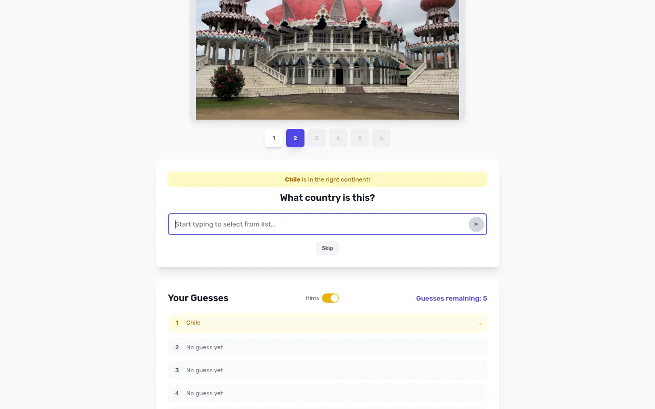Landmarkr mid-game: the second picture, a temple with red roofs, a hint that the guess Chile is on the right continent, and the guess list with five guesses left