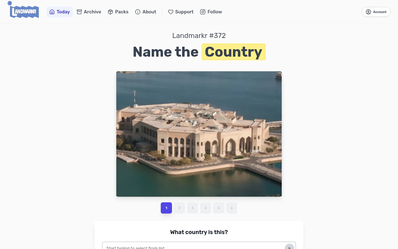 Landmarkr #372, Name the Country: the first of six pictures, a stone palace on a waterfront, above the question What country is this?