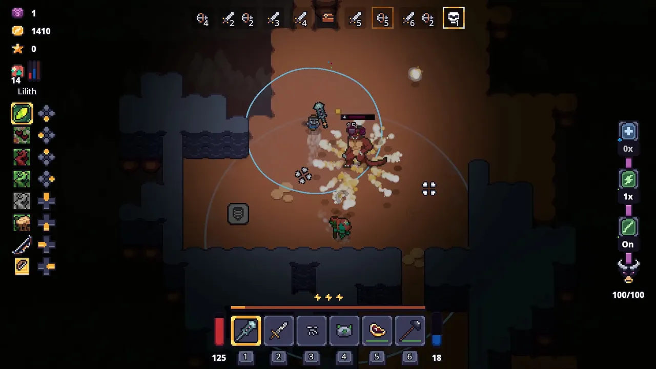 Lands of Fury combat: the hero and a companion fight a red beast in a cave arena, with item slots, rune list and Fury meter on screen