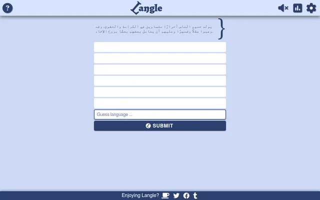 Langle game screen: a sample sentence in Arabic script at the top, six empty guess rows, a Guess language input box and a Submit button under the Langle title