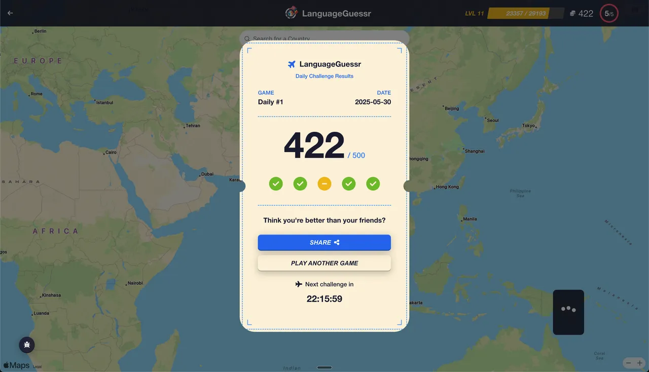 LanguageGuessr daily results screen