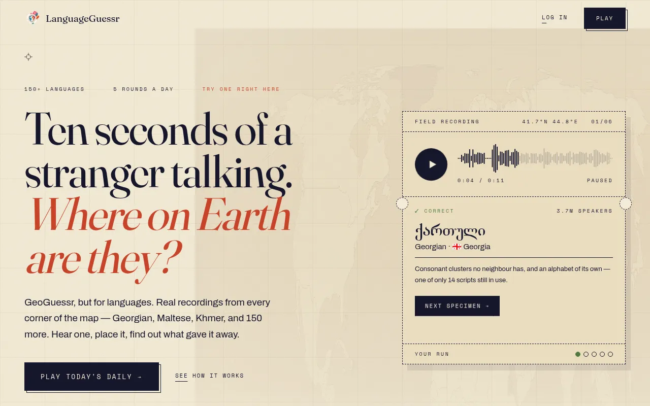 A LanguageGuessr round on the home page: an 11-second field recording answered as Georgian, spoken in Georgia, with the clue about its own alphabet