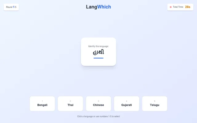 LangWhich round 1 of 5 on 22 October 2026: the Gujarati word for elephant on a card, with Bengali, Thai, Chinese, Gujarati and Telugu as answer buttons and 28 seconds left