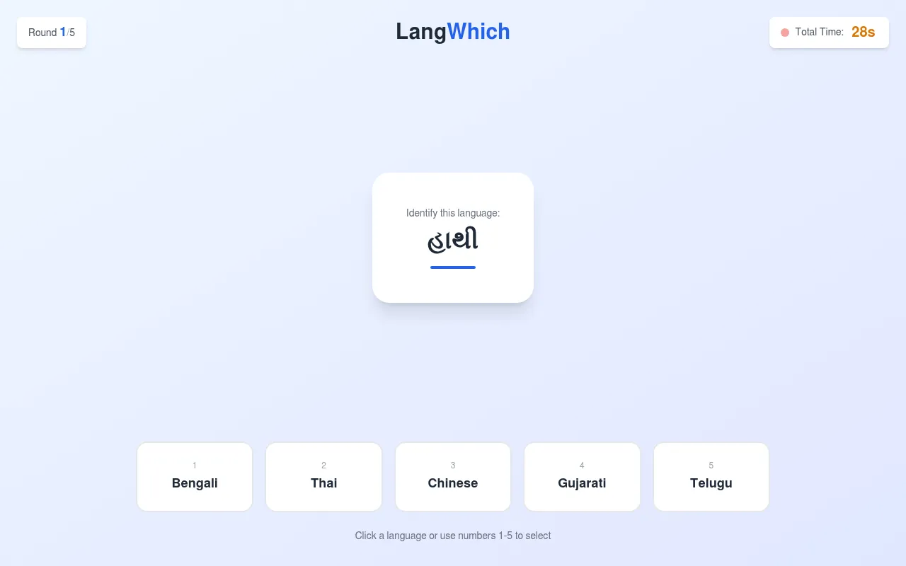 LangWhich round 1 of 5 on 22 October 2026: the Gujarati word for elephant on a card, with Bengali, Thai, Chinese, Gujarati and Telugu as answer buttons and 28 seconds left