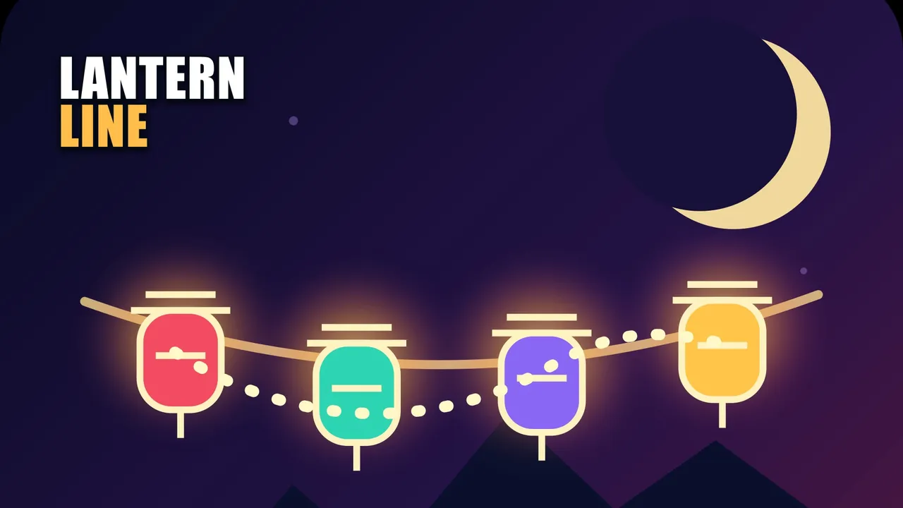 Lantern Line title art: four glowing paper lanterns on a string under a crescent moon
