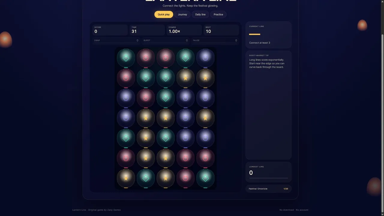 A Lantern Line board in Quick play: a 5 by 7 grid of glowing lanterns marked with circles, diamonds and stars, with score, time, combo and power meters above