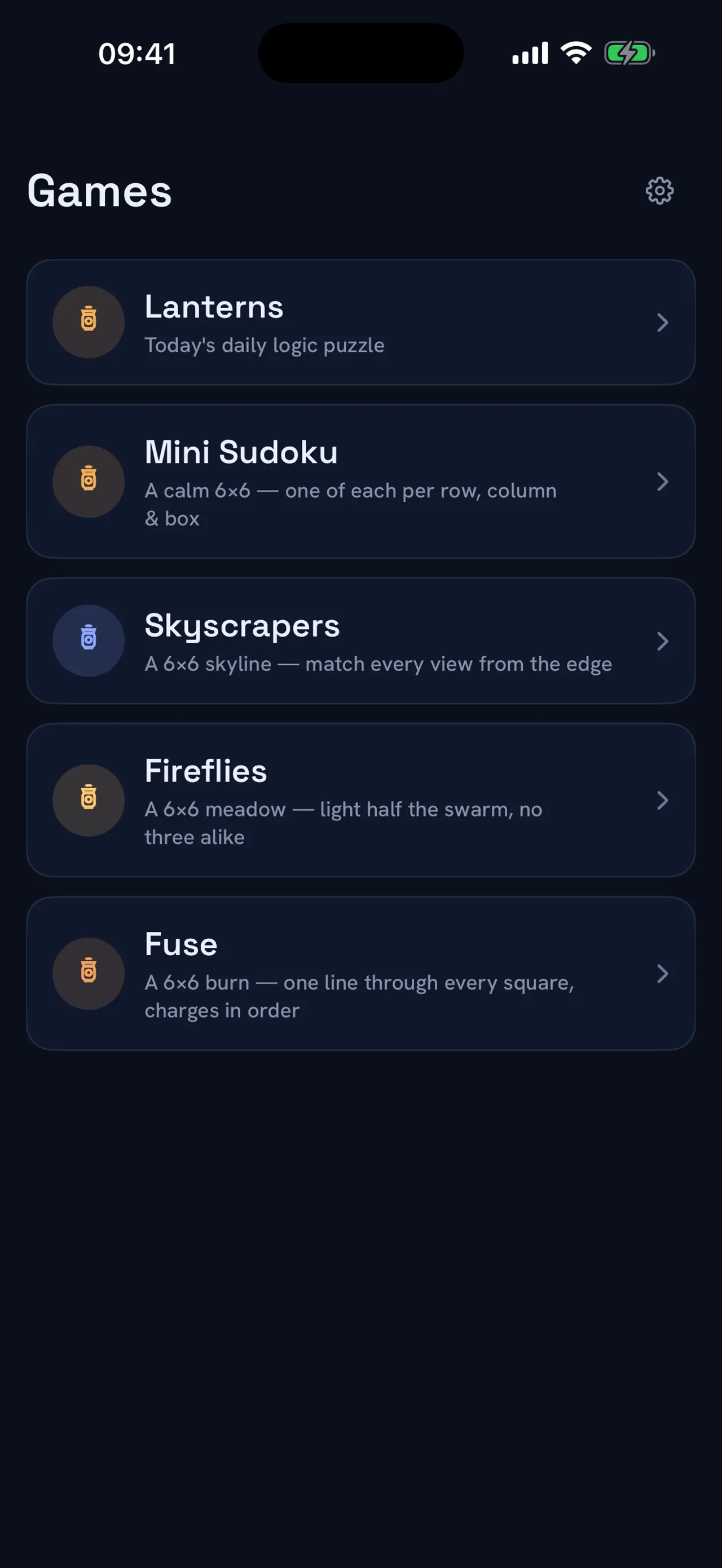The Lanterns Daily games hub listing Lanterns, Mini Sudoku, Skyscrapers, Fireflies and Fuse