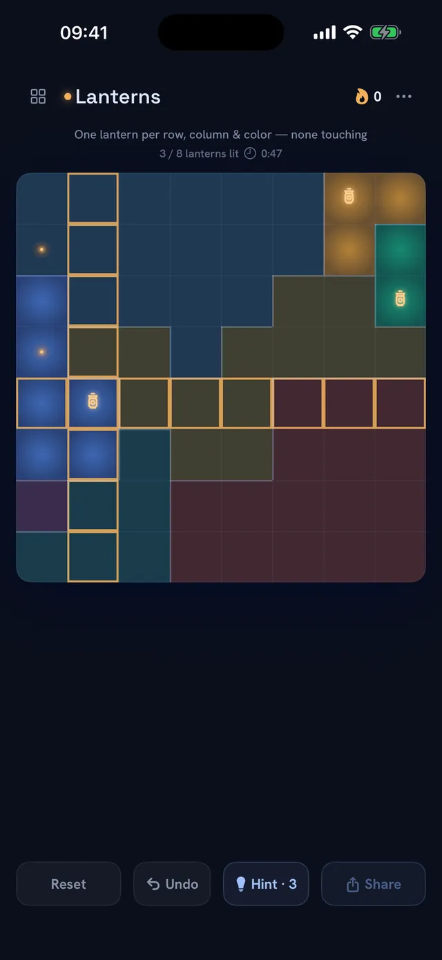A Lanterns daily board in progress: coloured regions on an 8x8 grid with three of eight lanterns lit and ember marks