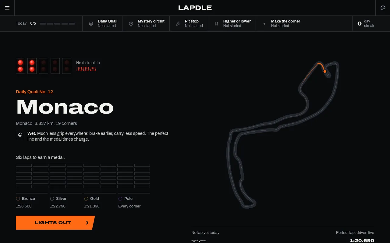 Lapdle's Daily Quali No. 12: the Monaco circuit from above in wet conditions, with the medal times and the Lights out button
